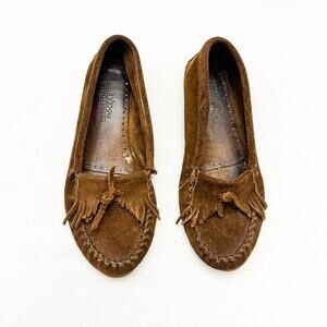 Minnetonka Brown Suede Fringe Front Round Toe Mocassin Flat Shoes Size 10